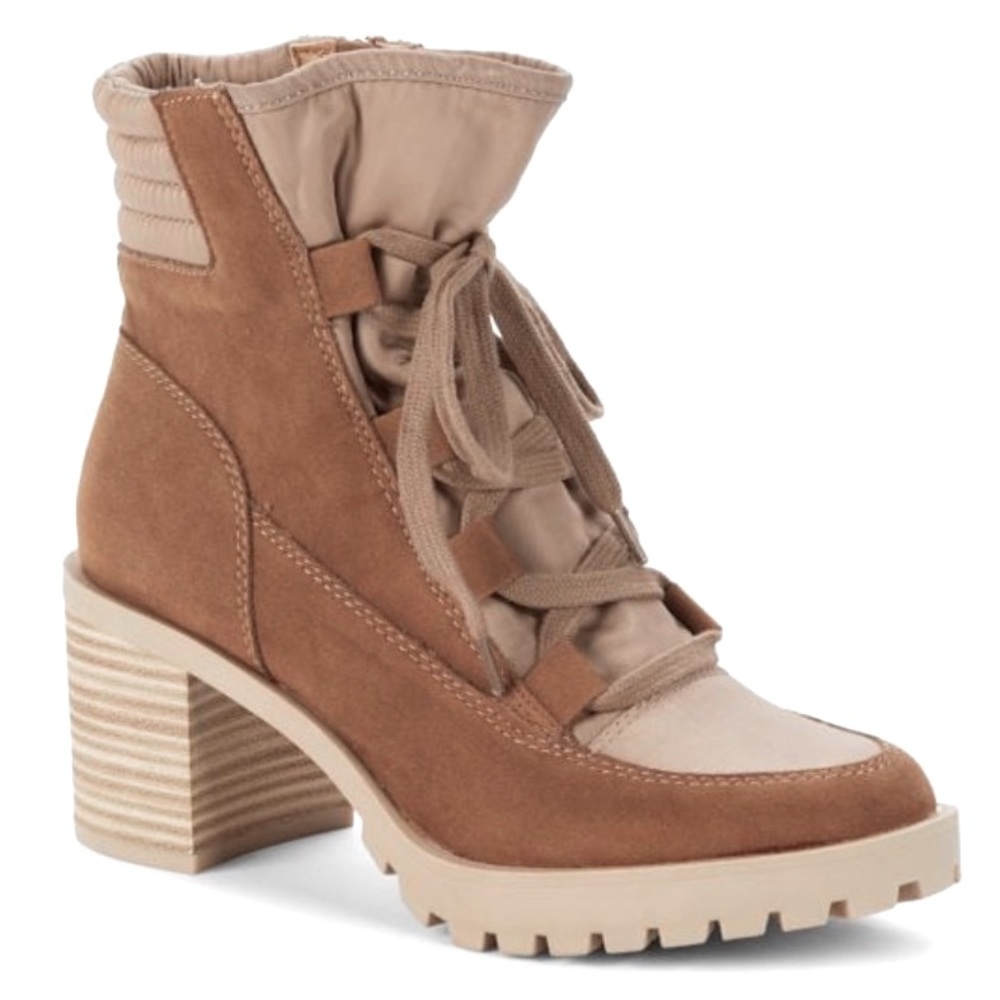 NIB $160 Dolce Vita Microsuede Lace-Up Side Zip Combat Ankle Boots Tan 7.5